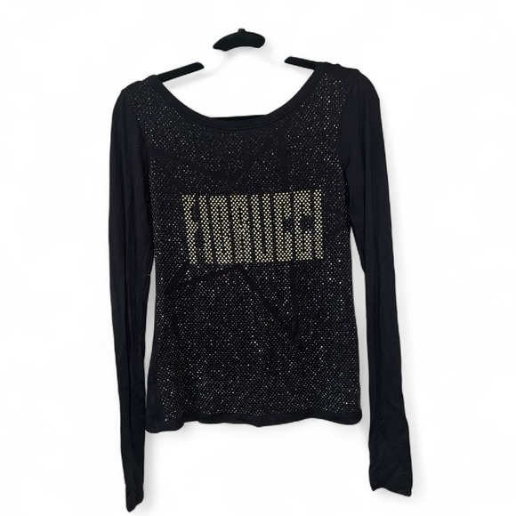 Fiorucci Crystal Rhinestone Logo Long Sleeve Top XS Black Sparkle Tee NWT - Picture 10 of 10